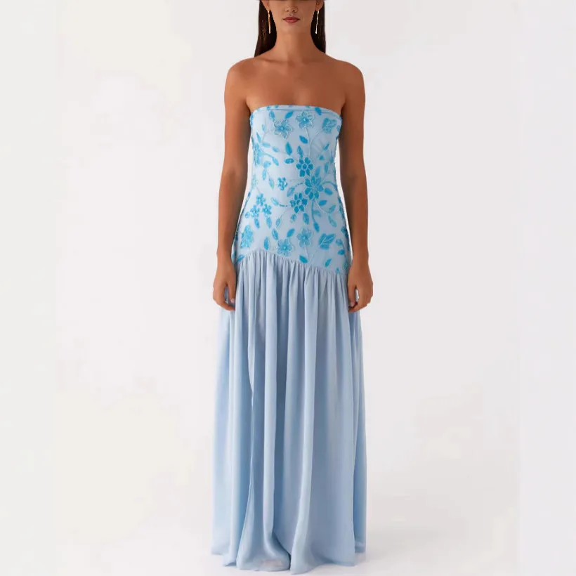 Embroidered Piece Bead Splicing Strapless Skirt with Backless Split Embroidery Sexy and Elegant Evening Formal Dress