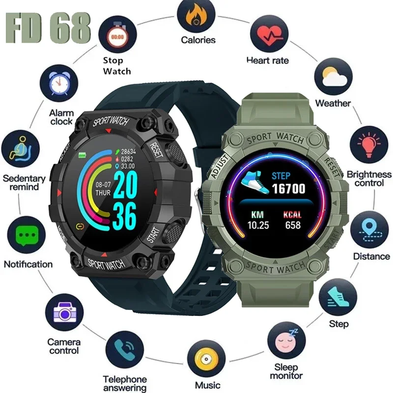 Touch Screen Relógios Inteligentes para Homens e Mulheres, Bluetooth Smartwatch, Pulseira de Fitness, Smartband para iOS, Android Telefone Móvel, FD68