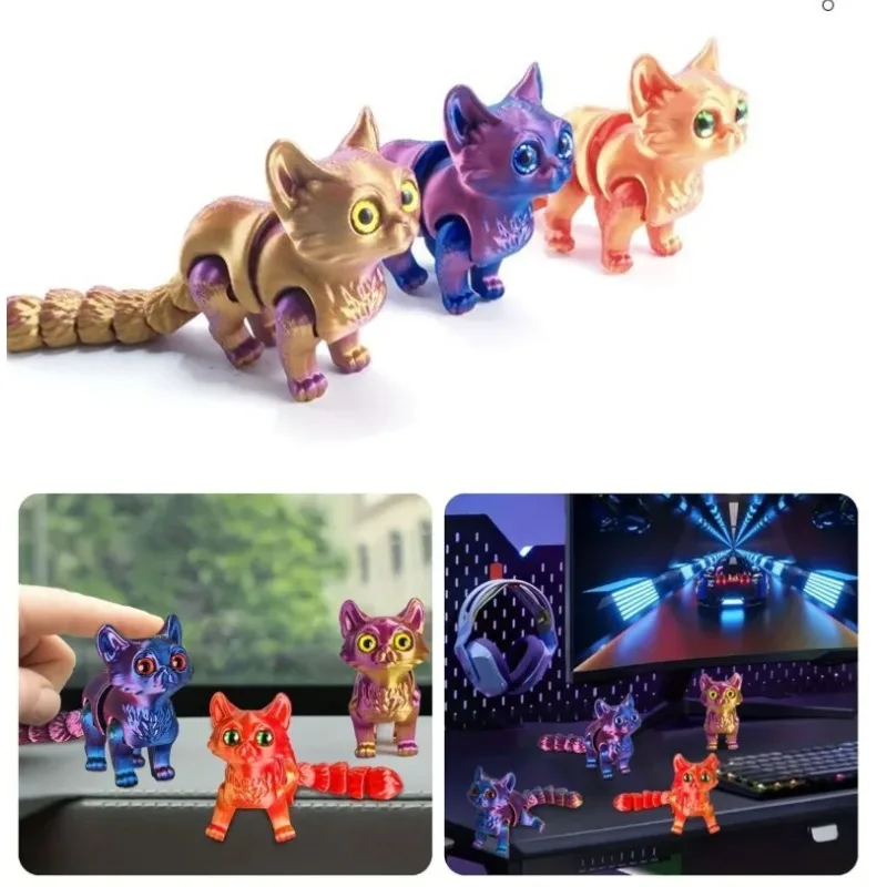 Gradient 3D Printed Cats Movable Joint Fidget Toys Desktop Noctilucent Ornament Kid Figure Toy Ornaments，eyes random color