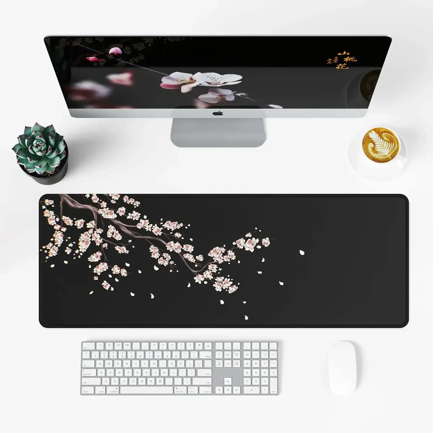 Japanese Plum Blossoms Black Gaming Mouse Pad Extended Large XXL Desk Mat with Stitched Edges Non-Slip Rubber Base for PC Laptop