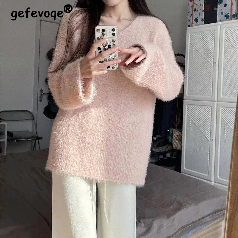 Korean Elegant Fashion Knitted Sweater Women's 2022 Autumn Winter New V Neck Loose Solid Color Pullover Sweater Bottoming Shirt