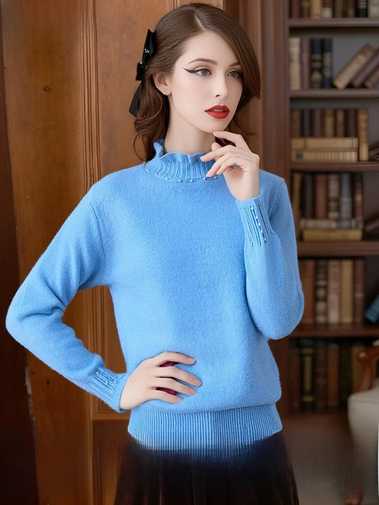 

Women's Winter Thickened Wool Blend Knitted Sweater with Beads Wood Grain Elegant Style Base Layer Warm Versatile Knitwear