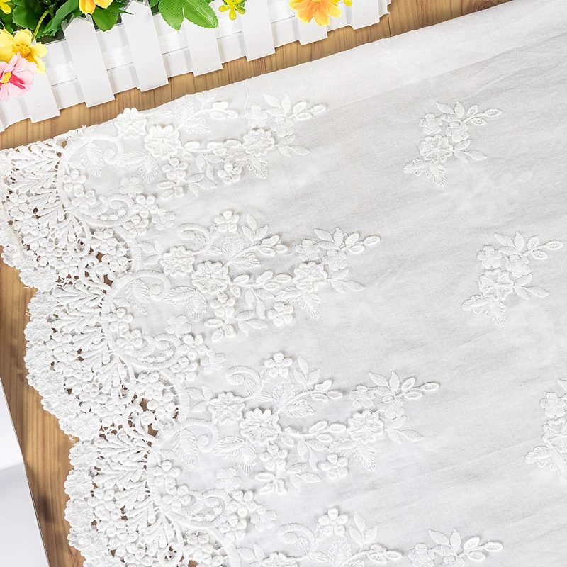 Bilateral Symmetry White Cotton Openwork Embroidery Lace Fabric Skin-friendly Soft Summer Dress Lace Fabric Width 130Cm RSRS4369