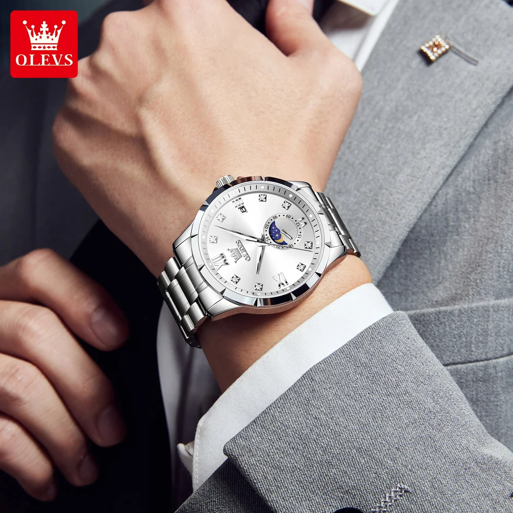 OLEVS 2956 Business Men's Wristwatch Original Solid Steel Strap 24 Hour Moon Phase Date Luminous Luxury Classic Man Dress Watch
