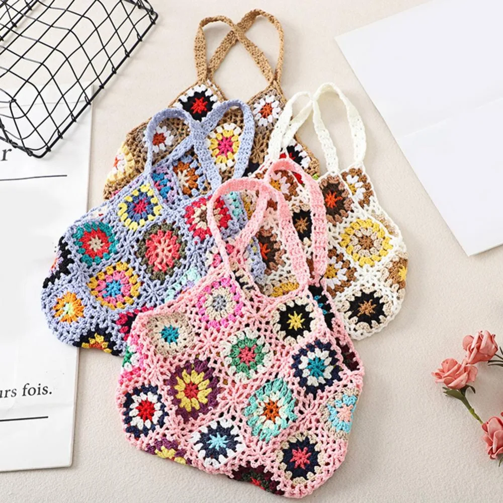 Women Tote Bag Floral Crochet Large Capacity Knitted Bag Trendy Handmade Cut-out Boho Bag Vintage Multicolor Hollow Out Handbag