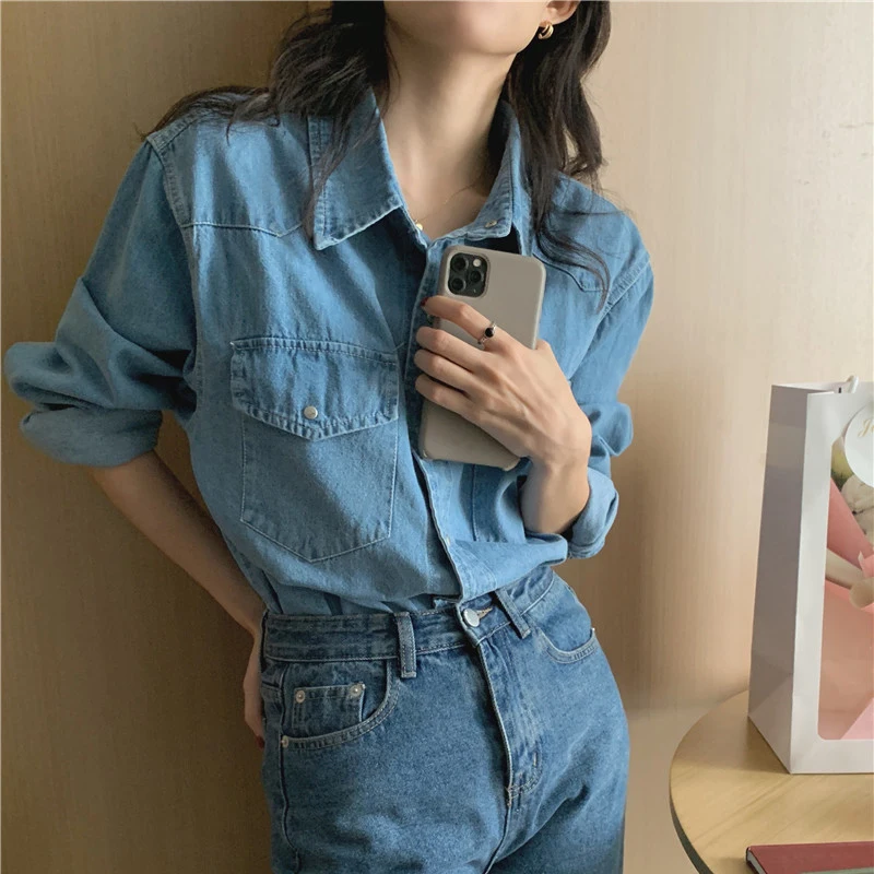 

Chic Simple Double ket Denim Long Sve irt Women Early Spring New Loose Casual Elegance Top Korean Sle Collar