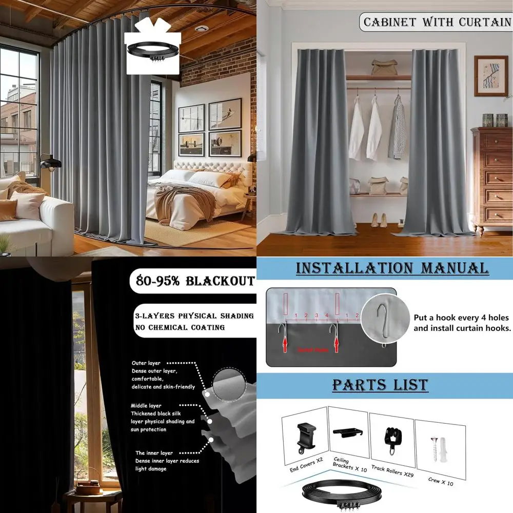 

Серый, 95% затемняющий сверхмощный потолочный трековый занавес, 10 x 9 футов, делитель для снижения шума конфиденциальности