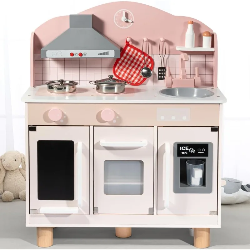 

Wooden Kids Kitchen Playset,Pretend Toy Kitchen for Toddlers Ages 3-8, with Lights, Sound, Oven, Ice Maker, Sink & Stor