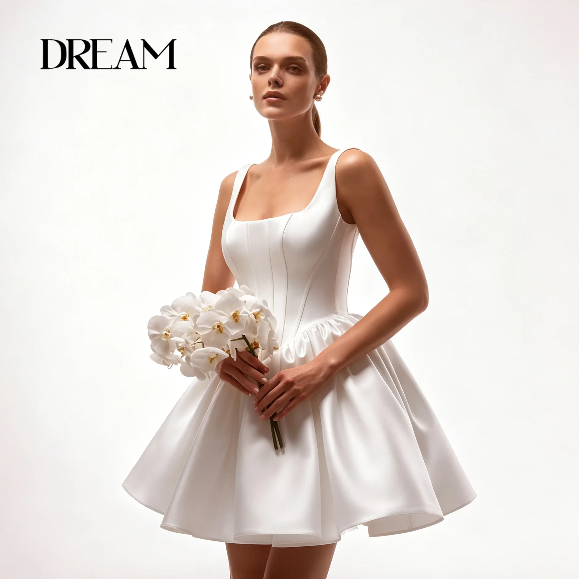 EmanY Modern Short Women's Wedding Gowns with Scoop Neck A-line Spaghetti Straps Satin Zipper Vestido De Casamento Customized