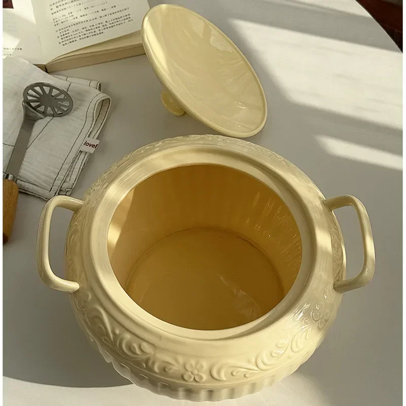 3L Milk Yellow Soup Pot Nordic Vintage Double Eared Bowl Light Luxury Relief Soup Basin Ceramic With Cover Pig Oil Tank