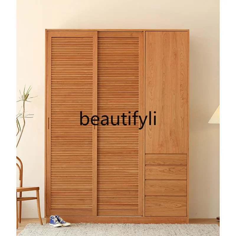 

Japanese wardrobe pure solid wood shutter sliding door wardrobe cherry wood oak storage cabinet