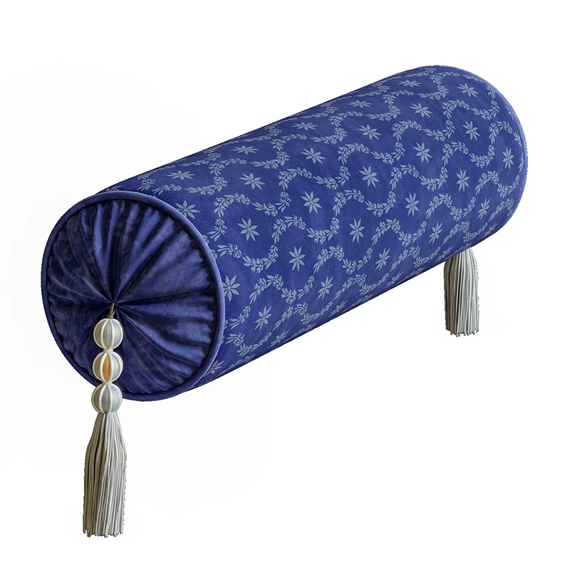Chinese Style Cylinder Pillows Blue White Porcelain Velvet Decorative Bolster Pillows for Bed Couch Machine Washable Luxury Asia
