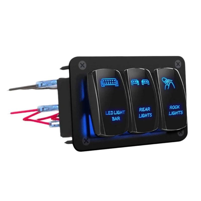 3 Gang Rocker Switches Panel 12V 24V Blue LED Light Toggle Switches LED Light Bar Switches Panel for Marine Automotive