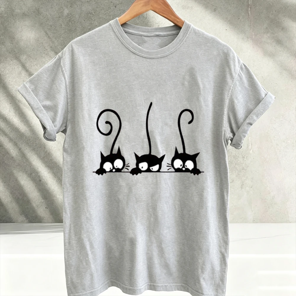 Three Curious Black Cats Cartoon Graphic T-Shirt Cute Kitten Peeking Design Crew Neck Unisex Cat Lover Simple Cotton Novelty Tee