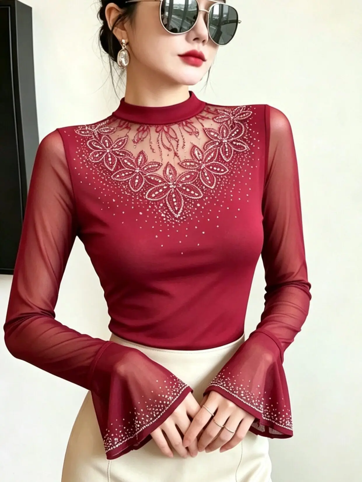 Ruffle Sleeve Lace Trim Heavy Embroidery Long Sleeve round Neck Mesh Top Women's Fashionable Autumn Winter New Style Shirt