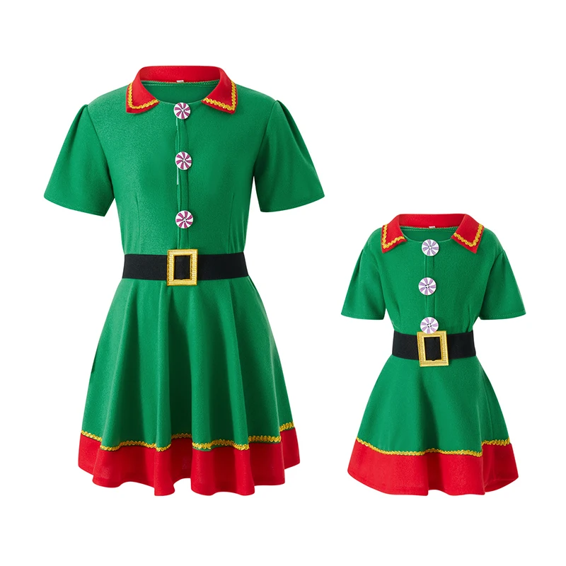 Combhasaki Christmas Elf Costume for Family Parents and Child Short Sleeve Dress Pants over the Kneel with Hat, Belt and Socks