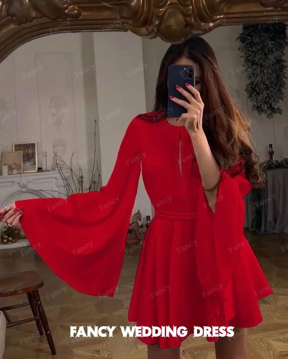 

Fancy Sexy Red Backless Evening Dress Saudi Arabia Long Sleeve O Neck Prom Gown A Line Silk Mini Sweet Party Dresses customized