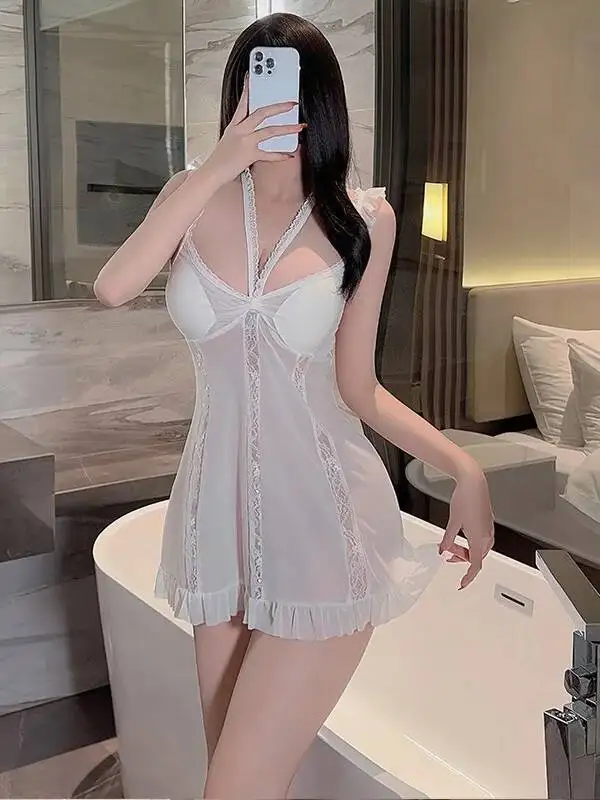 Halter Neck Strap Nachthemd Sexy Hot Tiefem V Nachtwäsche Hause Pure Desire Sexy Spitze Sheer Nachthemd Für Frauen Süße Top R7P2