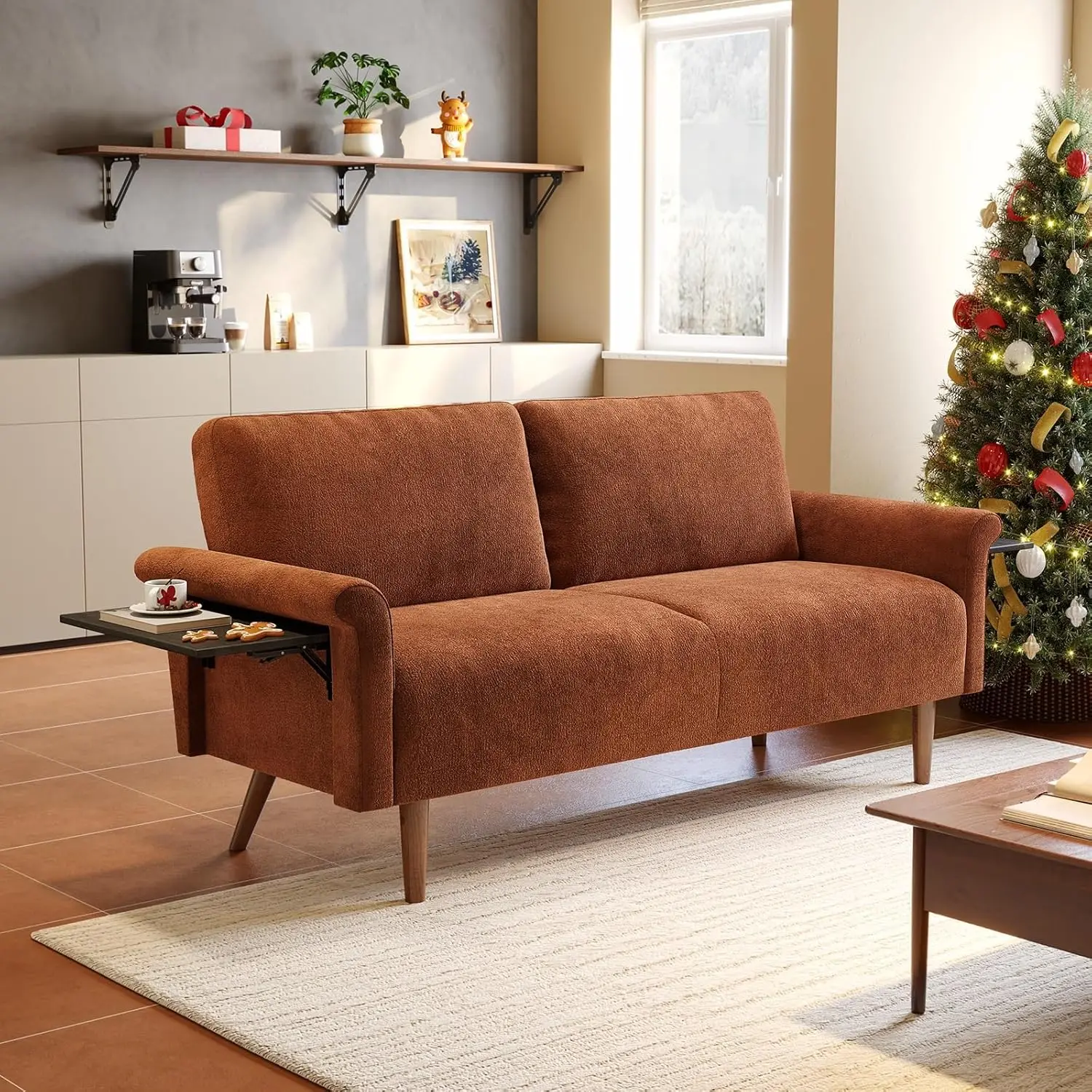 

Loveseat Sofa with Foldable Side Table, 70 Inch Small Couch with Rolled Arms, Comfy Upholstered Boucle Couch, Easy Assembly