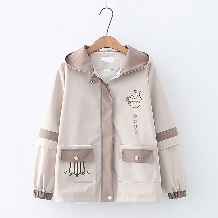 preppy style youth girl casual versatile short jacket spring autumn cute cartoon Cardigan coats loose thin hooded jackets women
