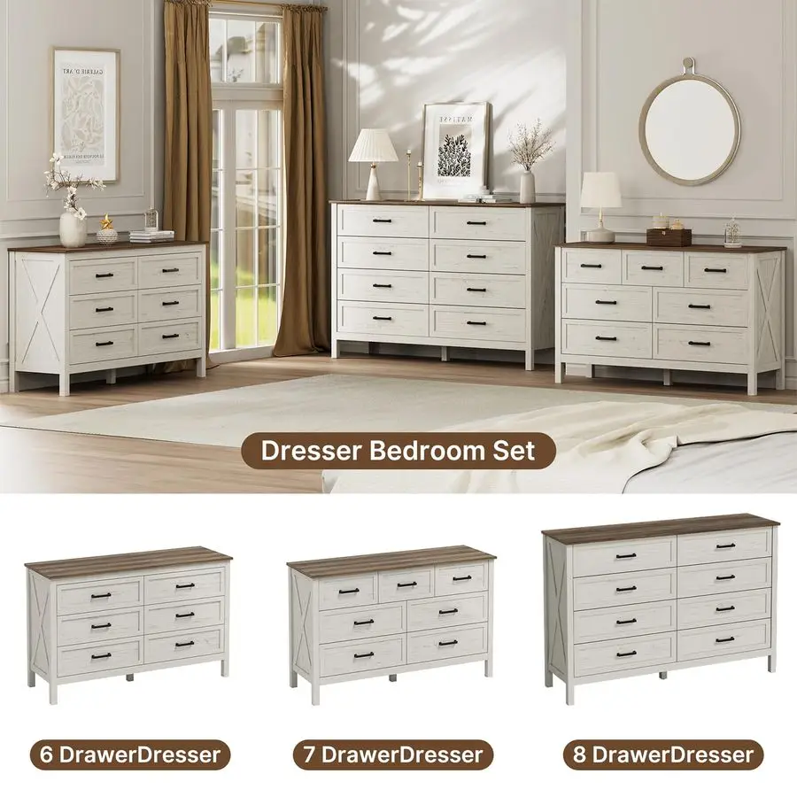 팜하우스 스타일 침실용 8단 서랍장, 55인치 폭의 나무 소재의 러스틱 서랍장, X자형 핸들, 대형 수납공간