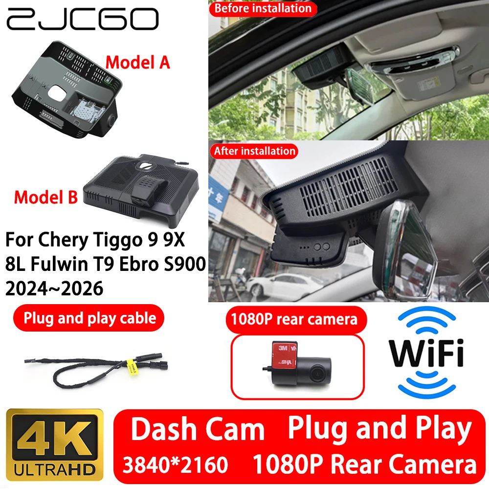 for Chery Tiggo 9 9X 8L Fulwin T9 Ebro S900 2024~2026 4K 2160P Front Rear Camera Dash Cam Wifi Plug and Play Video Recorde