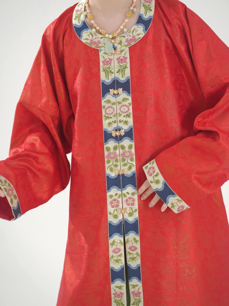 

Длинная рубашка из атласа с вышивкой золотой нитью Nanshan Flavor Danzhu, с круглым вырезом, в стиле династии Мин, с узором дракона и феникса, в стиле Ханьфу Ванли, с чайным принтом.