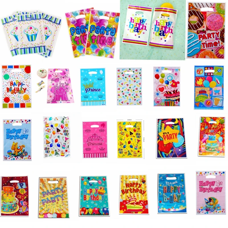 Sacos plásticos impressos do presente para crianças, bolinhas, saco dos doces, sacolas, favores do partido do aniversário, fontes da decoração, criança, menino, menina, 10-50Pcs