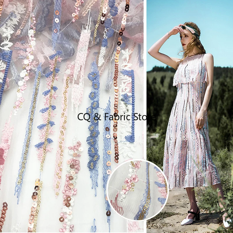 1yard 160cm Pailletten Farben Polyester Seide Bestickte Spitze Stoff Mesh Stickerei Diy Mode frauen Kleid Rock Nähen