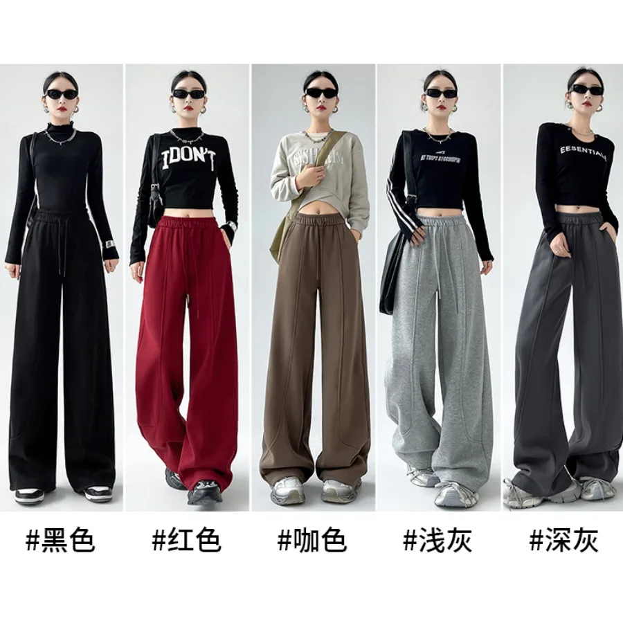 Winter Warm Fleece Pant with Pocket Drawstring Baggy Sweatpant Workout Straight Wide Leg Long Brushed Pants Thick Women y2k New