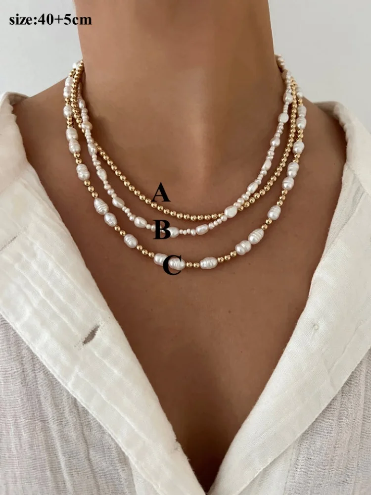 Natürliche Perlen-Halskette, 18 Karat vergoldet, Perlenschmuck für Frauen, elegante Braut, minimalistisch, geschichtet, Sommer-Strand-Schmuck, Geschenk – Detail 1