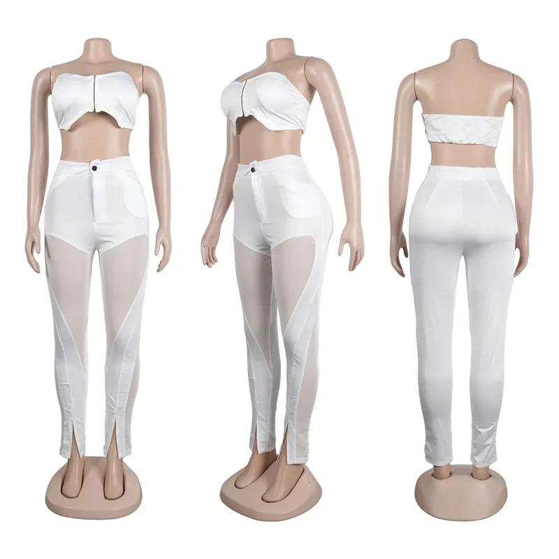 Mesh See Through Patchwork Two Piece Set for Women Night Club Outfits Strapless Crop Top and Split Flare Pants Matching Sets