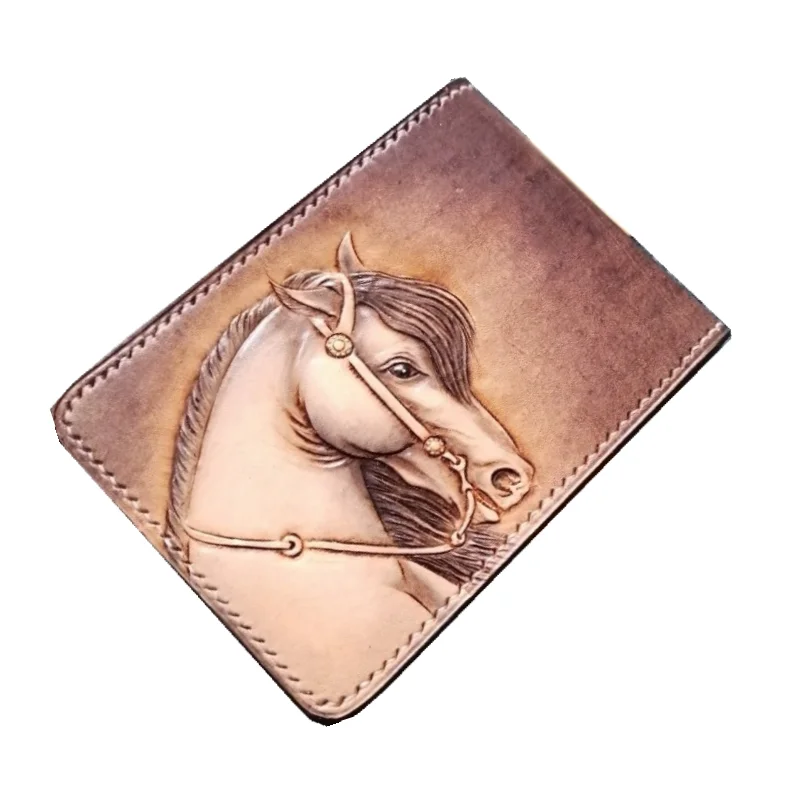 Hand-made Short Wallets Handsome Horse Purses Women Men Clutch Vegetable Tanned Leather Thin Driver's License Wallet Card Holder