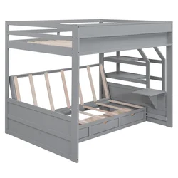 Wood bed Full Size Convertible Bunk Bed with Storage Staircase, Bedside Table, and 3 Drawers, Suitable for Bedrooms, Gray/White