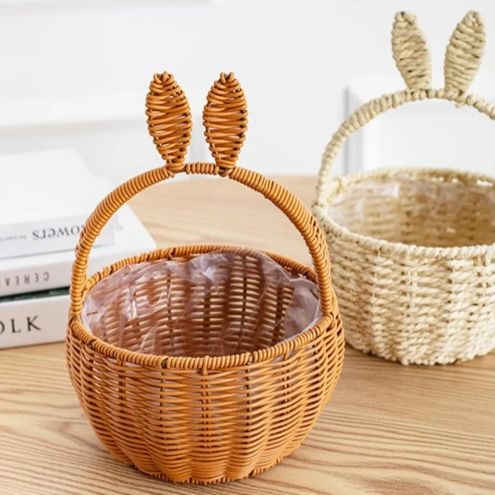 Cartoon Rabbit Ear Storage Basket Multifunctional with Handles Egg Gathering Ornaments Hand Woven Basket Easter Festival Gift