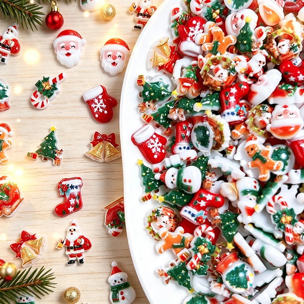 50Pcs Cartoon Christmas Resin Nail Charms Santa Snowman Gingerbread Tree Sock Bell Nails Decoration Winter Manicure Party Parts