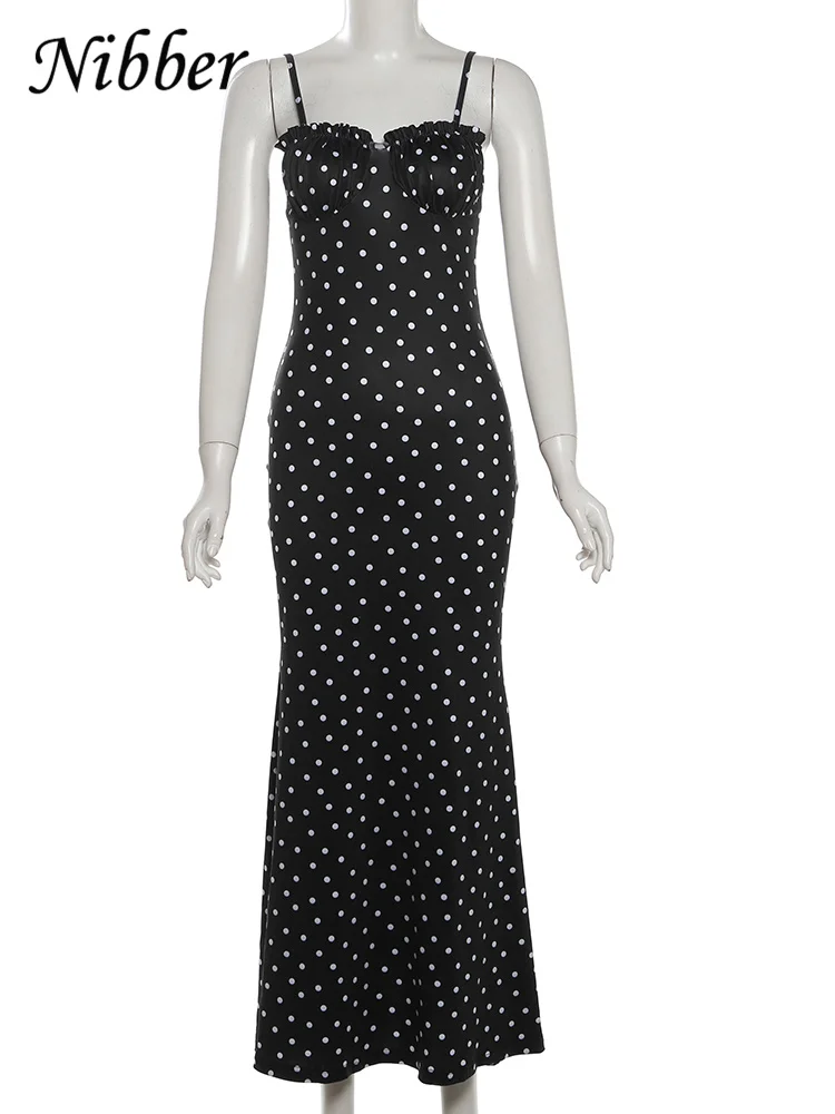 Nibber Summer Trend Slash Neck Dress Women Polka Dots Print Spaghetti Strap Solid Skinny Elegant Clubwear Maxi Bodycon Vestidos