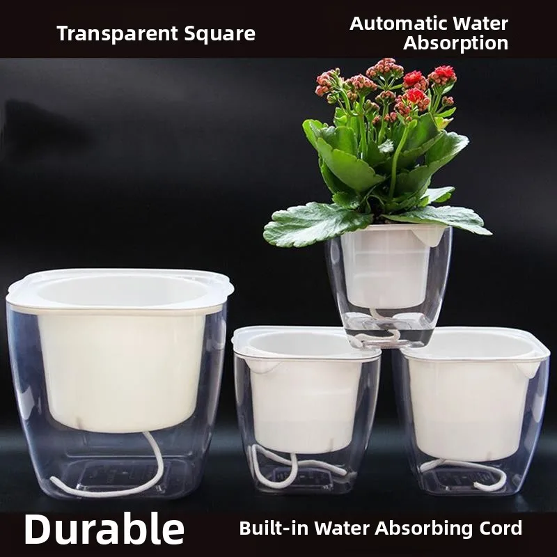 自動吸水式水力プラスチック植木鉢-グリーン格子透明樹脂製植木鉢-室内庭園装飾