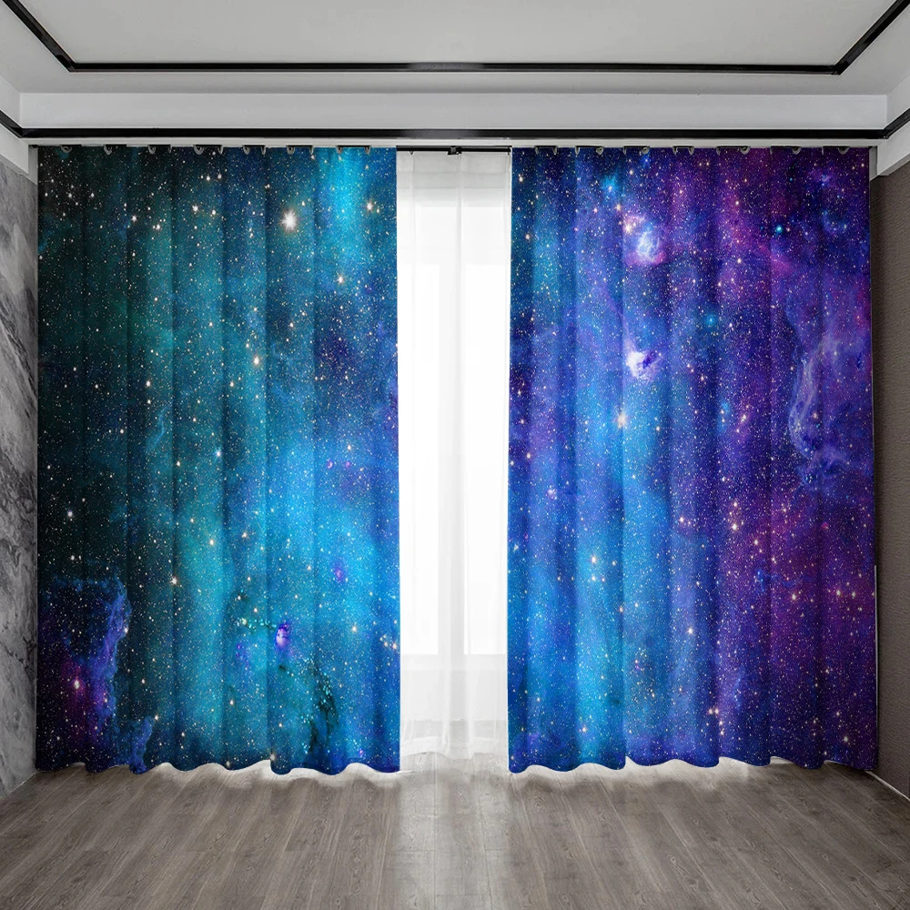 2PC Home Decoration Curtains, Dark Blue Forest Night View, City Night View Pattern Decoration Background, Modern Printed Curtain