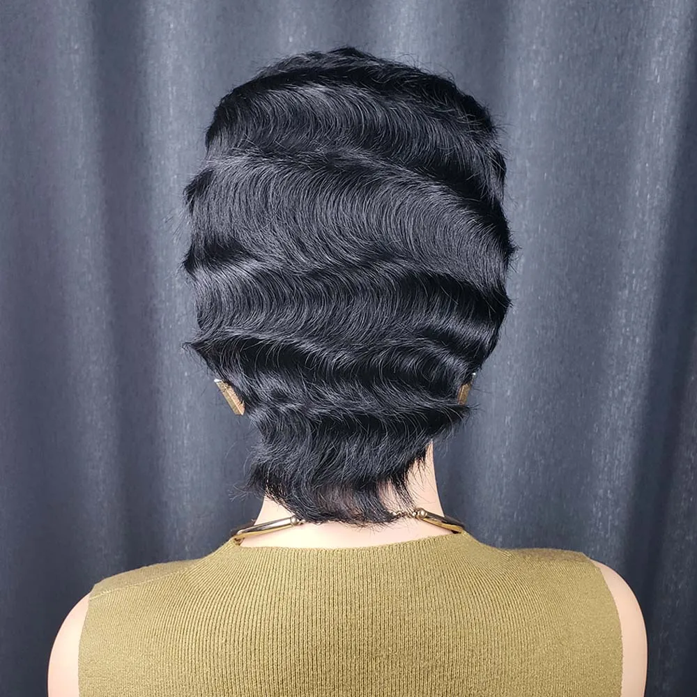 짧은 곱슬 픽시컷 가발 핑거 오션 웨이브 가발 흑인 여성용 레미 인모 숏 레이어드 머신 메이드 밥 가발