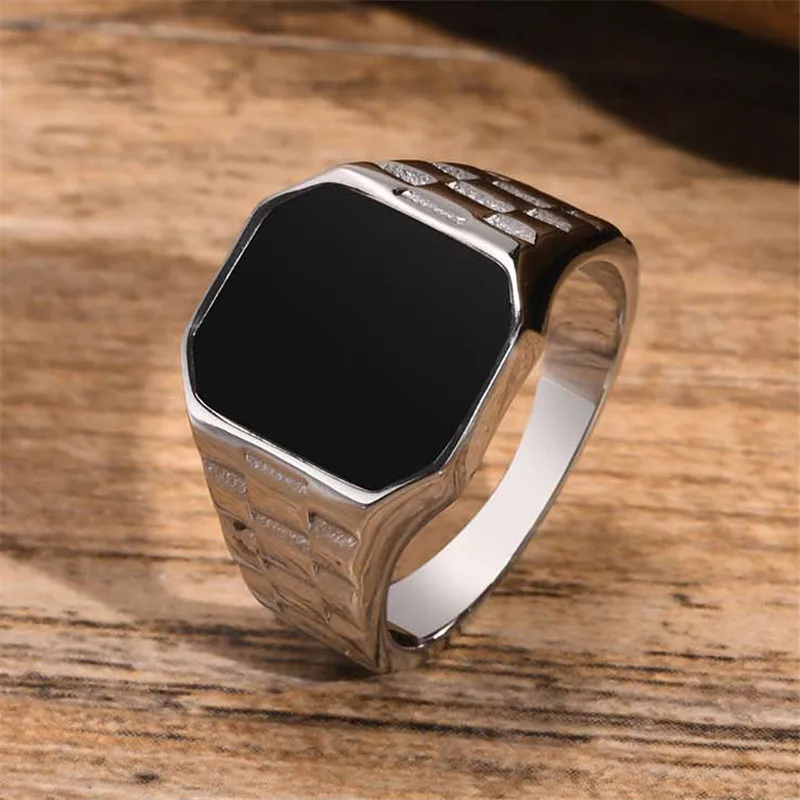 Modyle Watch Bands Rings for Men Women,Stainless Steel Black Square Signet Pinky Thumb Ring for Dad Father Husband Gifts