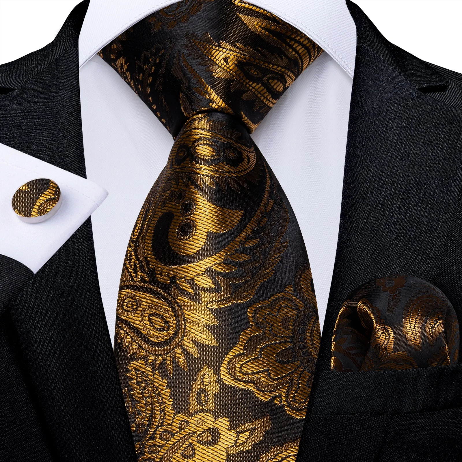 

Luxury Gold Paisley Men's 8cm Silk Tie Set Pocket Square Cufflinks Business Formal Wedding Accessories Necktie Gift Dropshipping