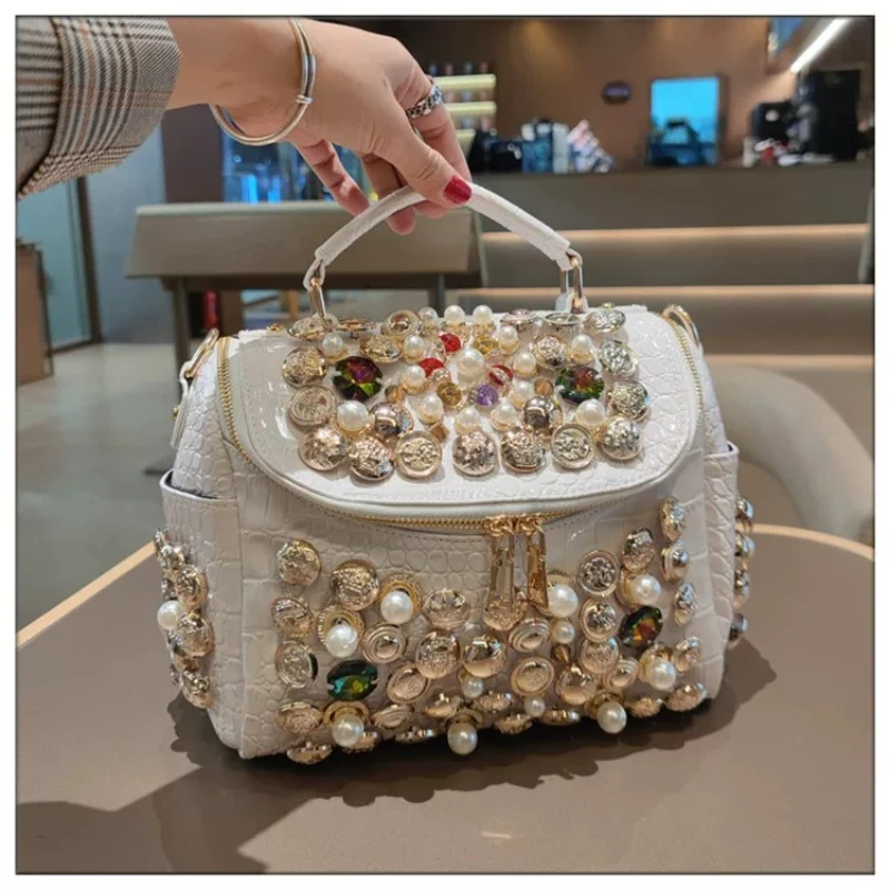 

Designer Brand Set Diamond Pearl Bag Leather Handbag New Fashion Shoulder Cross Body Pillow Bags for Women