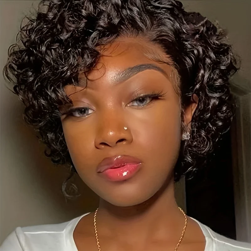 Peluca de cabello humano de corte Pixie corto de 13x4x1 y 6 pulgadas con densidad del 150% y frente de encaje transparente, perfecta para mujeres, aspecto natural