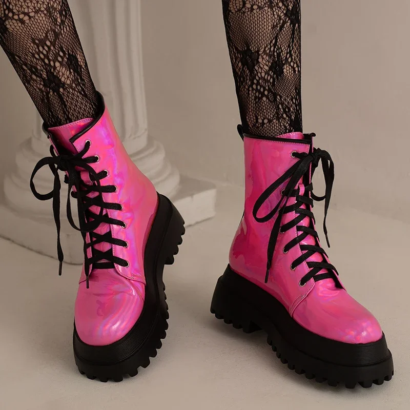 Winter Women Platform Ankle Boots Blue Pink Patent Leather High Thick Heels Round Toe Party Club Lady Lace-up Plush Short Boots