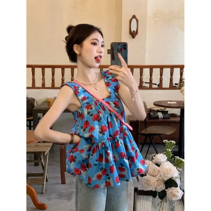 Summer Fashion Sweet Pleated Rose Floral Printing Doll TOP Comfortable Square Neck Sleeveless Age Reducing Shirt Women Clothing