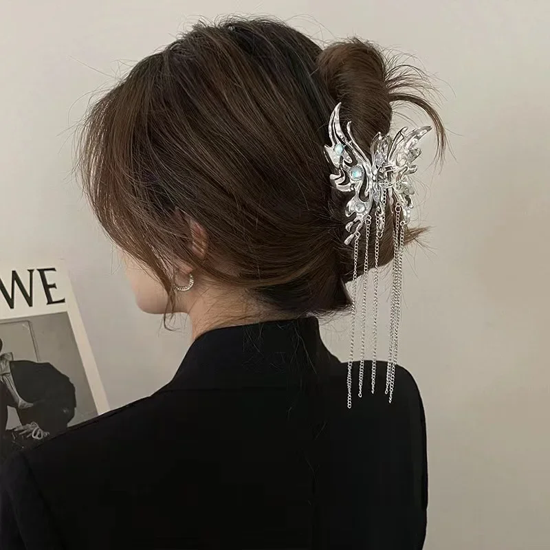 Delicate Rhinestone Ancient Style Butterfly Fringe Hair Clip Girls Metal Grab Clip Female Ponytail Braid Hair Accessories