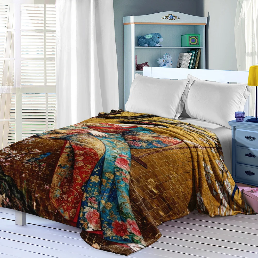 Customize A Lightweight Flannel Blanket Featuring a Japanese Geisha Design with Cherry Blossoms, Suitable for Sofas, Beds, Trave