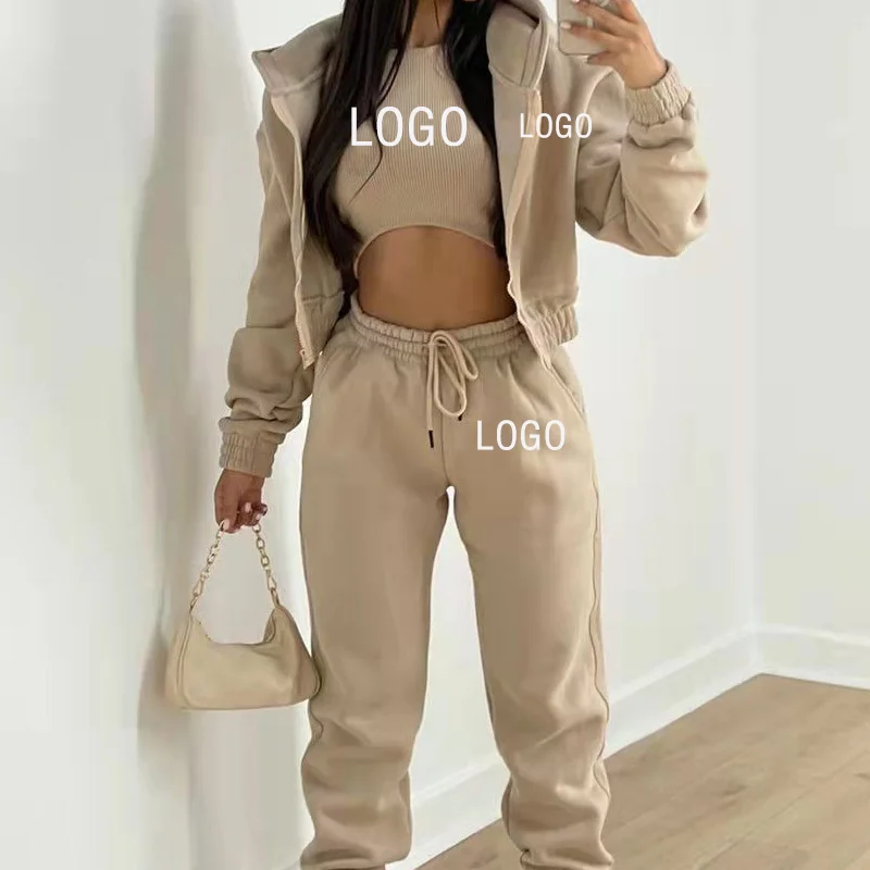 Custom Logo Women\'s Tracksuit 3Piece Set Outfits Autumn Women Zipper Top Pants Casual +Vest Sport Suit Winter 3 Piece Woman Set