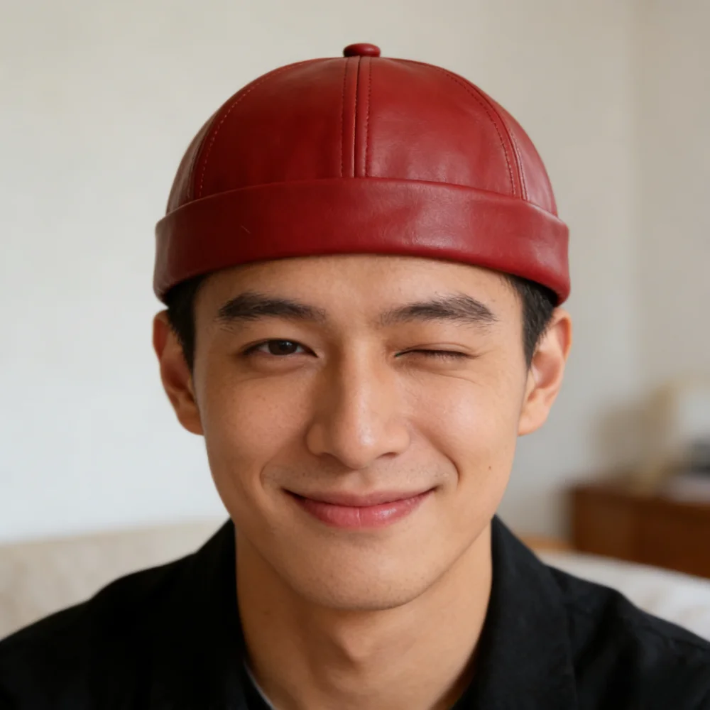 New Leather Brimless Round Landlord Hat Adjustable Solid Color Melon Skin Hat Vintage Retro Trendy Cap Daily